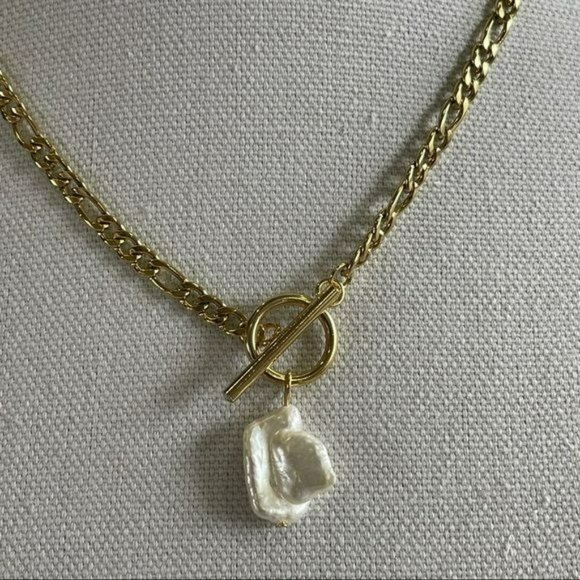18K Gold Plated Chain Link Baroque‎ Freshwater Pearl Pendant Necklace 17..5in - Picture 8 of 10
